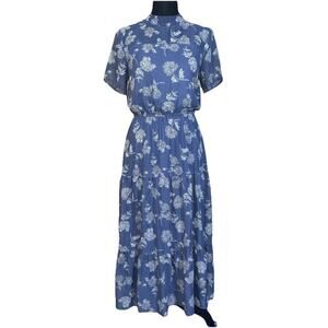 Lulus Womens Blue Floral Sheer Tiered Cottage Core Boho Midi Dress Size S